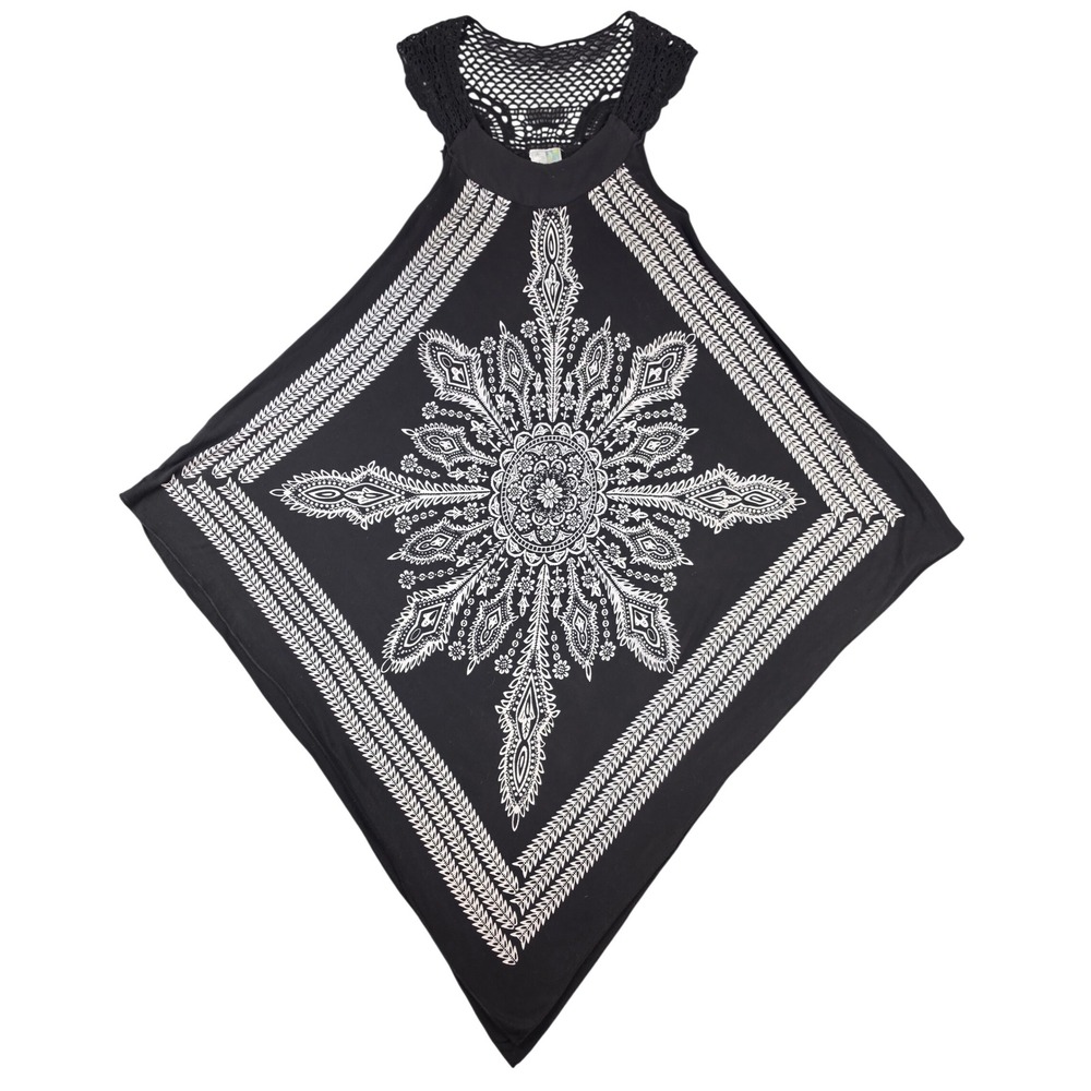 Hippie Handkerchief Tunic Black White Mandala Print Women OS India Boutique